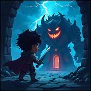 Boy with a sword in the dark against a monster